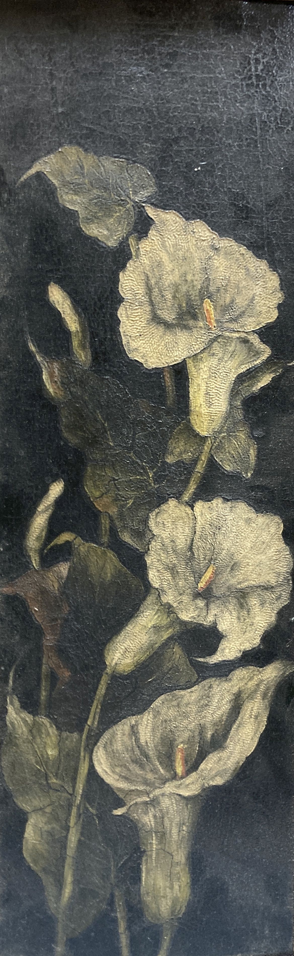 English School c.1900, a pair of oil on leather?, Still lifes of lilies and poppies, 52 x 17cm